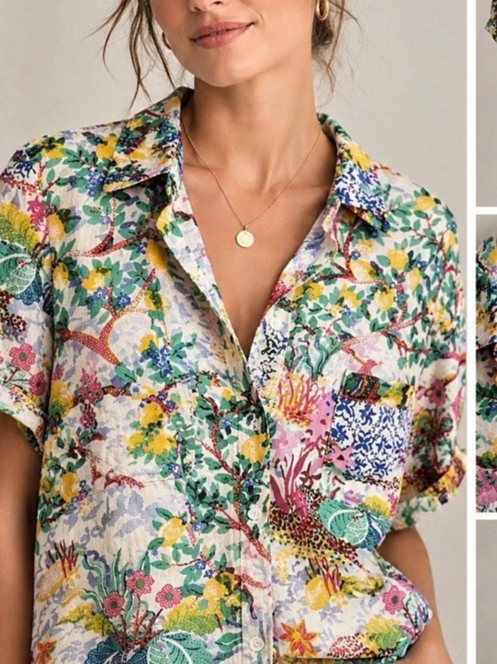 Maeve Short-Sleeve Button-Up Shirt with Yellow Lemon Embroidery White & Green